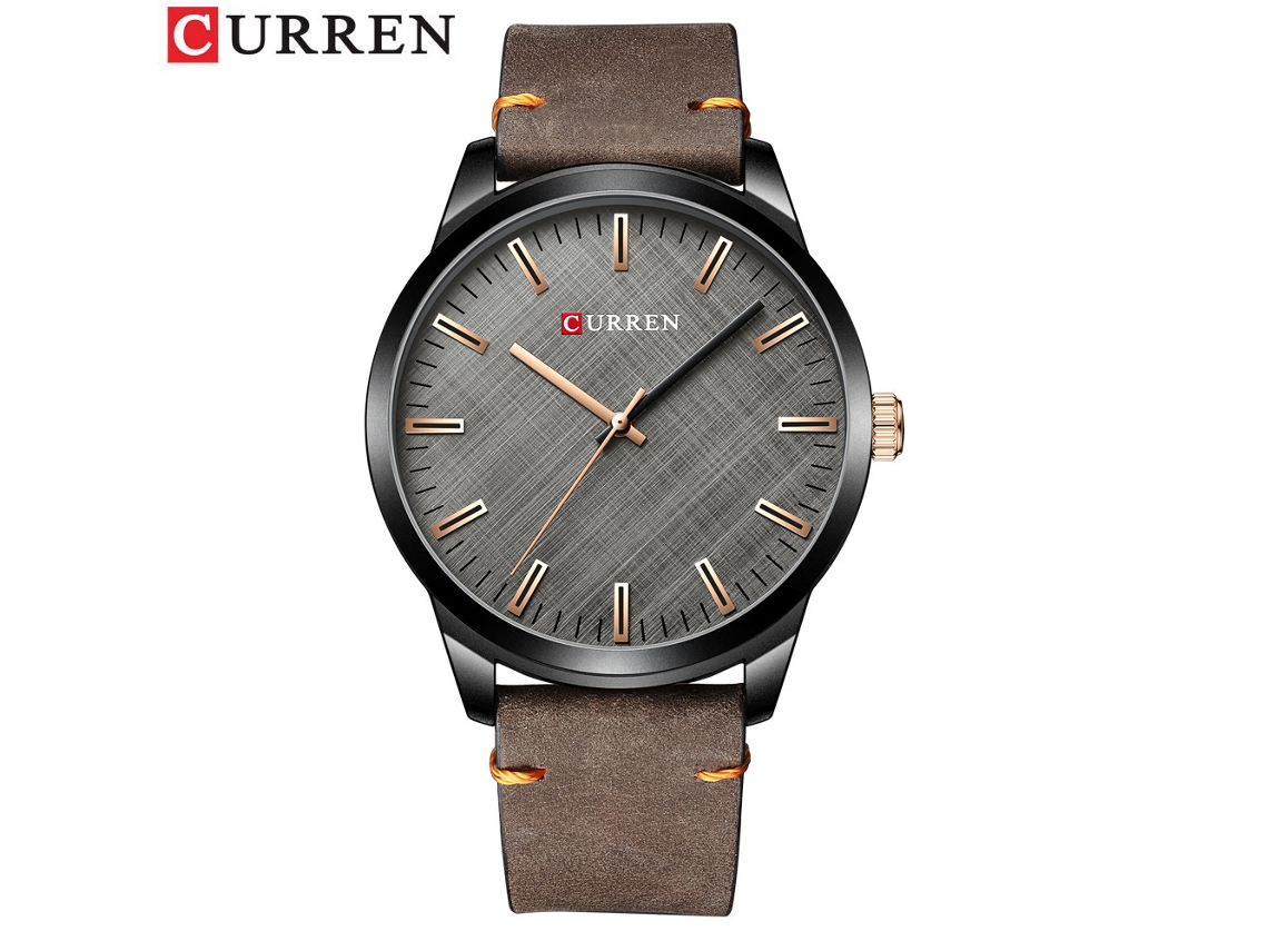 Relógio Masculino Elegante e Moderno com Mostrador Texturizado em Tecido, Movimento de Quartzo e Pulseira de Couro, na Cor Marrom Escuro. MDUG