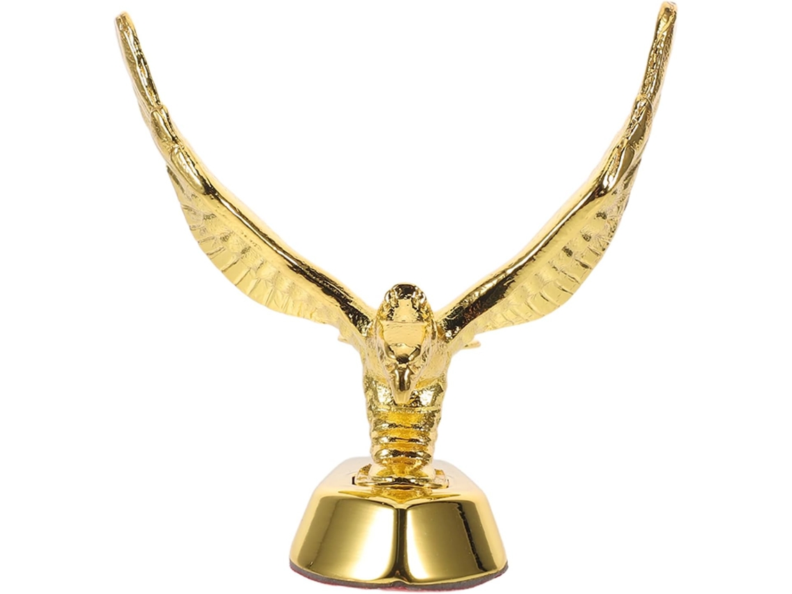 Ornamento para capô em formato de águia 3D com elo metálico e acabamento dourado.
