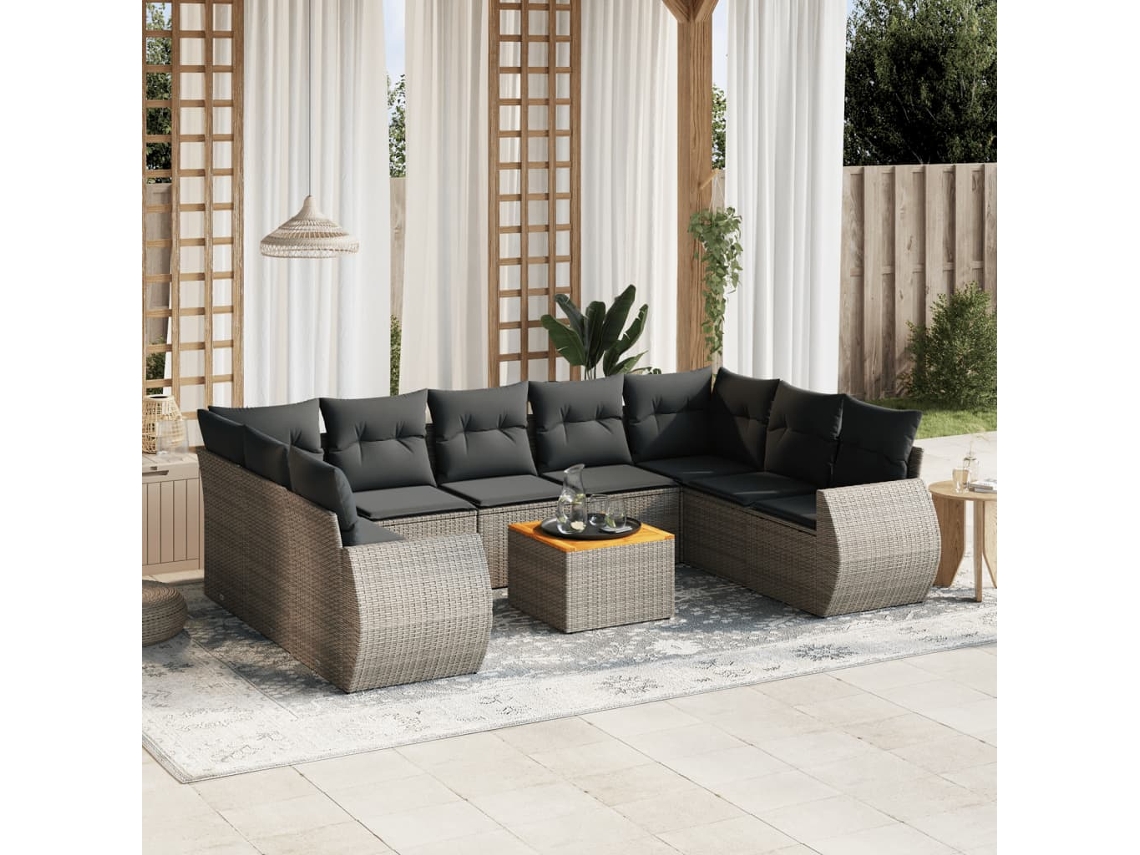 Vidaxl 10 Pcs Conjunto Sofás De Jardim C/ Almofadões Vime Pe Cinzento