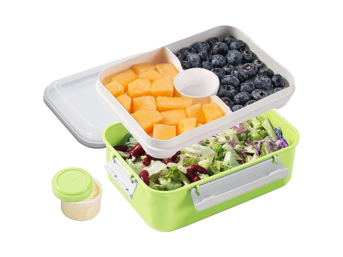 Container para salada com pratos removíveis e potes de molho, verde | S/MARCA
