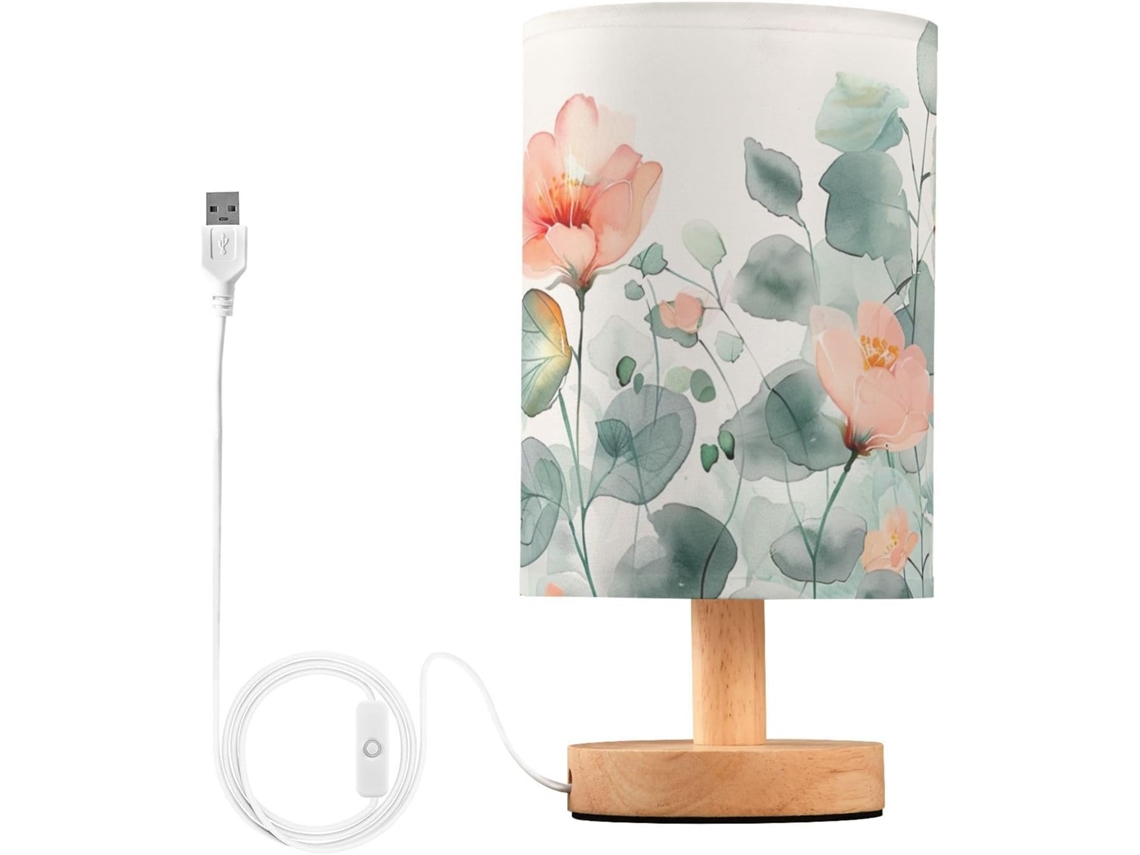 Abajur De Cabeceira Com Estampa Folhas E Flores Para Quarto, Portas De Carregamento Usb C, Luminária De Mesa Cabeceira