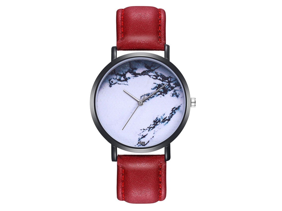 Relógio de casal com mecanismo de quartzo, pulseira de couro sintético, mostrador marmorizado, vermelho.