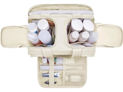 Conjunto de artigos de higiene feminina, incluindo uma bolsa para guardar cosméticos.