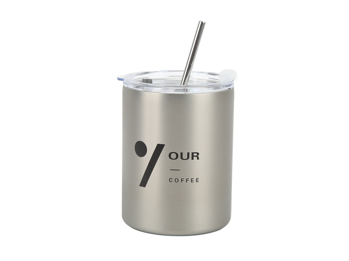 Copo de Café Inox 320ml Isolado com Tampa e Canudo Prata