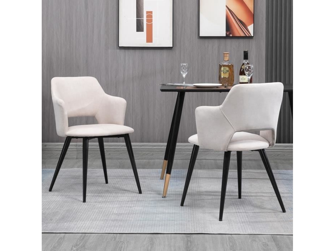 Conjunto De 2 Cadeiras De Sala De Jantar Assento Em Tecido Bege, Pés Em Metal Preto Estilo Escandinavo Para Cozinha Escritório Meubles Cosy