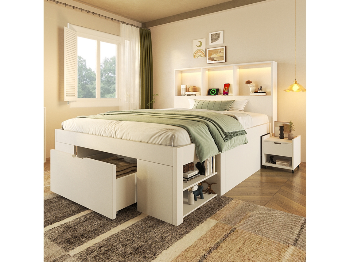 Cama 90x200cm Branca Armazenamento Led Usb-c Sem Colchão