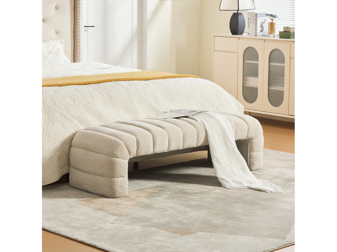 Sofá Moderno Sem Braços Em Chenile Com Almofadas Caneladas, Chaise-longue E Banco Para Sala, Quarto, Hall, Bege