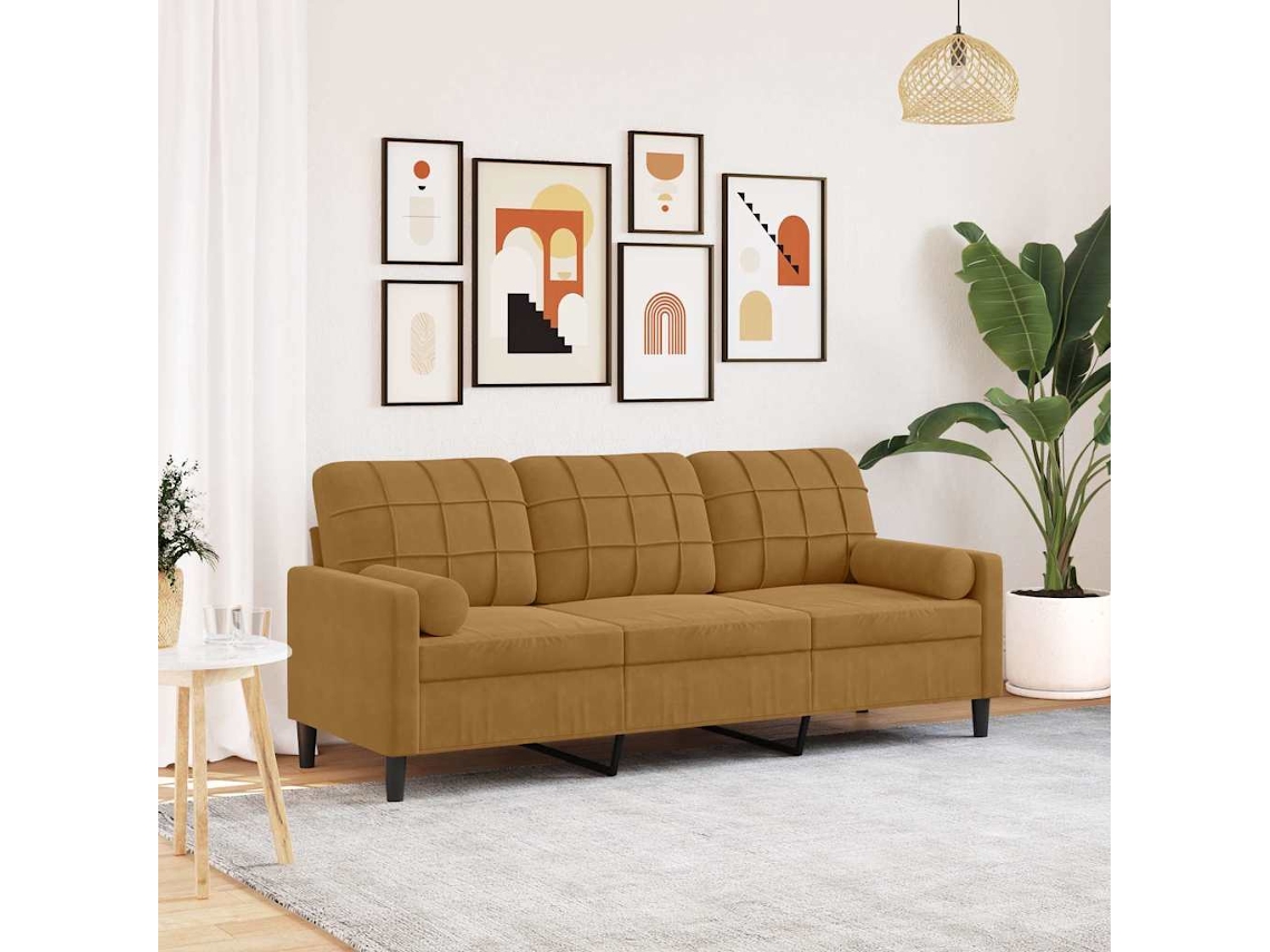 Vidaxl Sofá 3 Lugares C/ Almofadas Decorativas 180 Cm Veludo Castanho