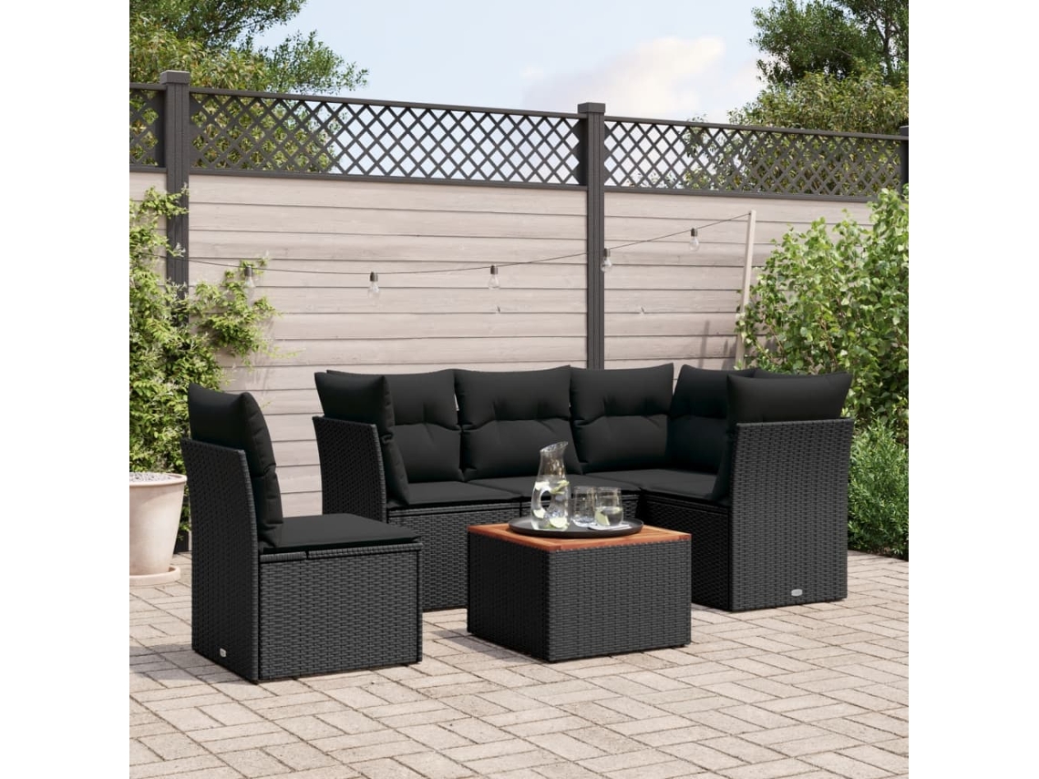 Vidaxl 6 Pcs Conjunto Sofás de Jardim C/ Almofadões Vime Pe Preto