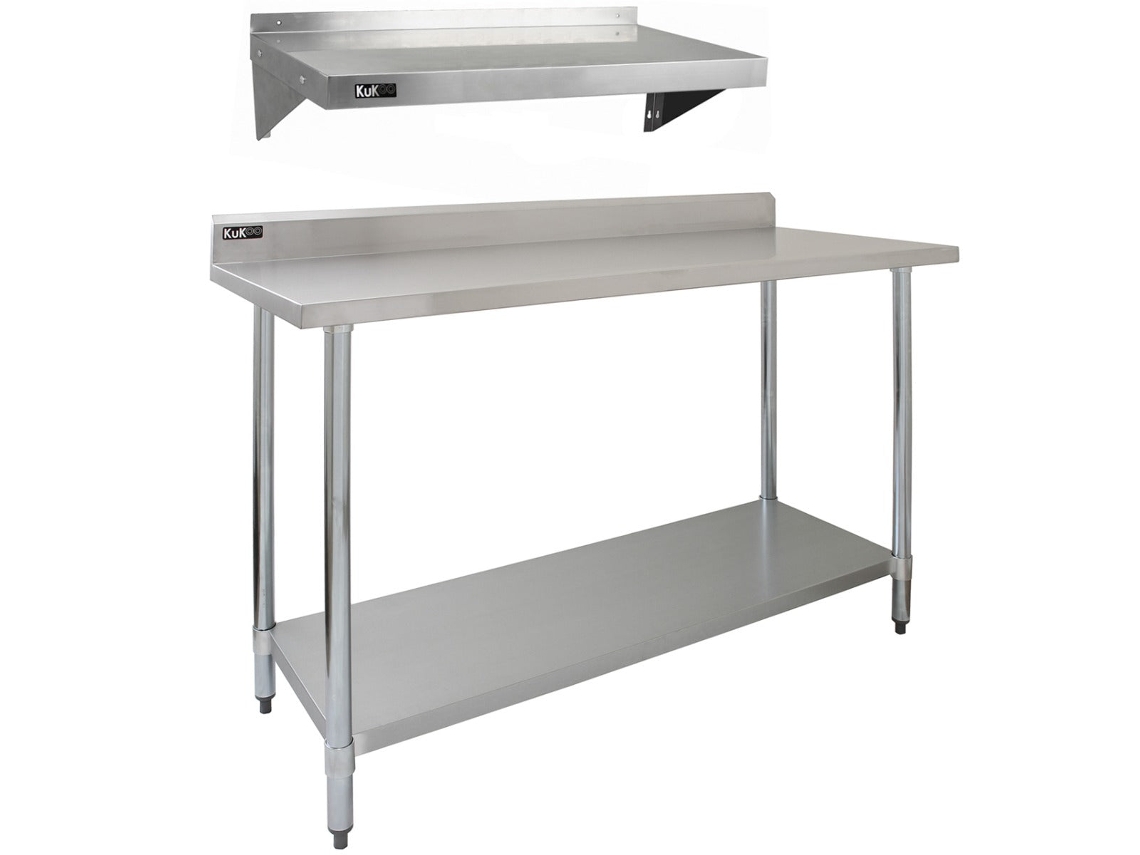Conjunto Mesa Profissional Kukoo 150 Cm E Prateleiras Em Aço Inox 403, Estrutura Heavy Duty, Prateleiras Ajustáveis, Monstershop