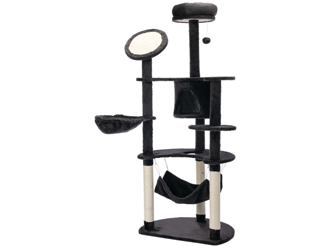Árvore Arranhador Grande 153cm, com Caverna, Redes, Plataformas, Sisal e Bola Suspensa, Cinza Escuro ESSÊNCIACASA