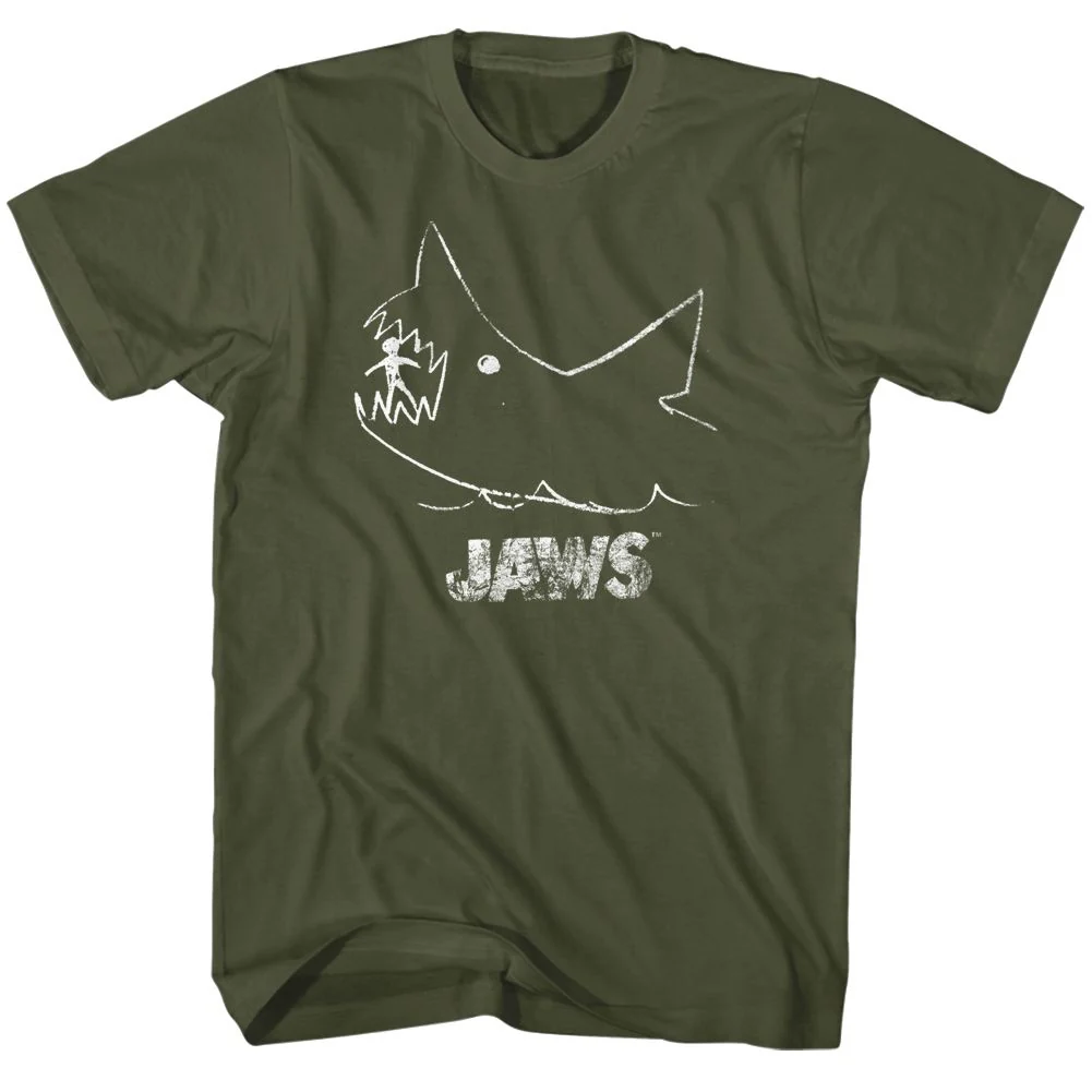 Rockinstone Jaws Movie Chalkboard Solid Military Green Adult T-shirt Size:l
