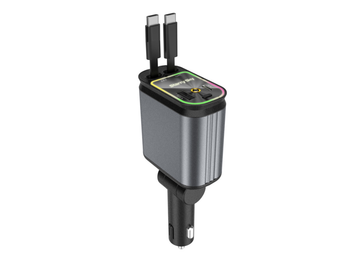 Carregador Carro Multifuncional 4 em 1 Cabos Retrácteis Duplo Usb c 66w, Luz Ambiente Estelar, Entrada 12 24v para Todos os Veículos STELASPLEN