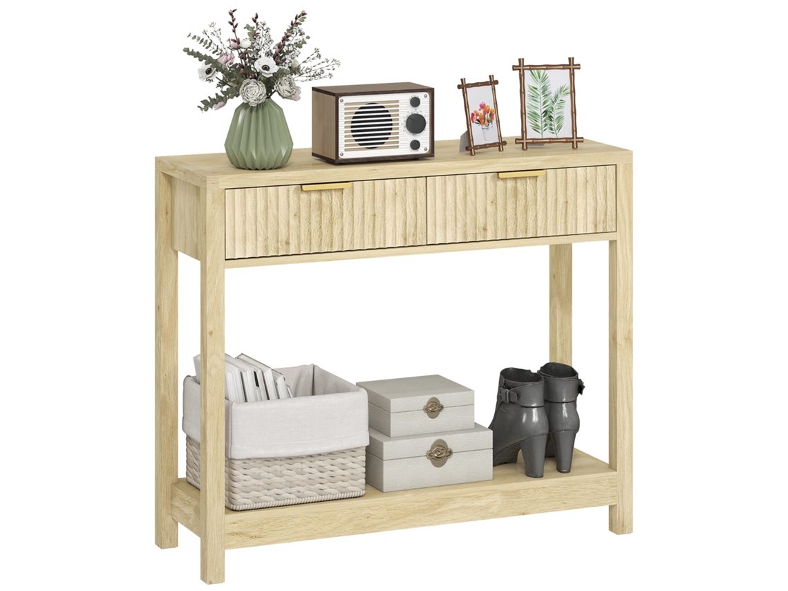 Console de Móveis 90 Cm. Mesa Console Estreita com 2 Gavetas e Prateleira com Sulcos. Estilo Moderno. Madeira Natural Ge