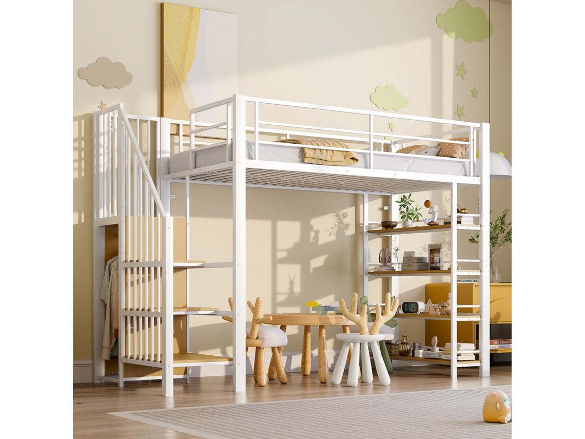 Cama Alta Em Metal Branco 90x200 Cm