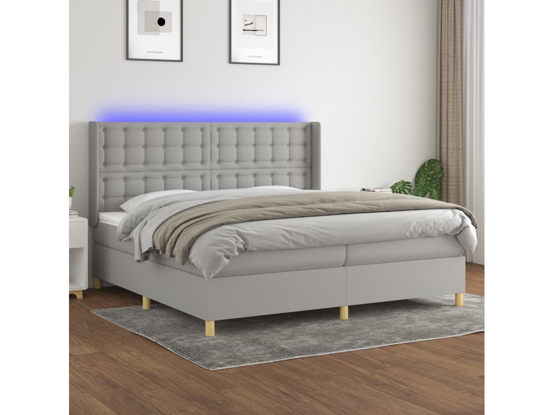 Vidaxl Cama Box Spring C/ Colchão E Led 200x200 Cm Tecido Cinza-claro