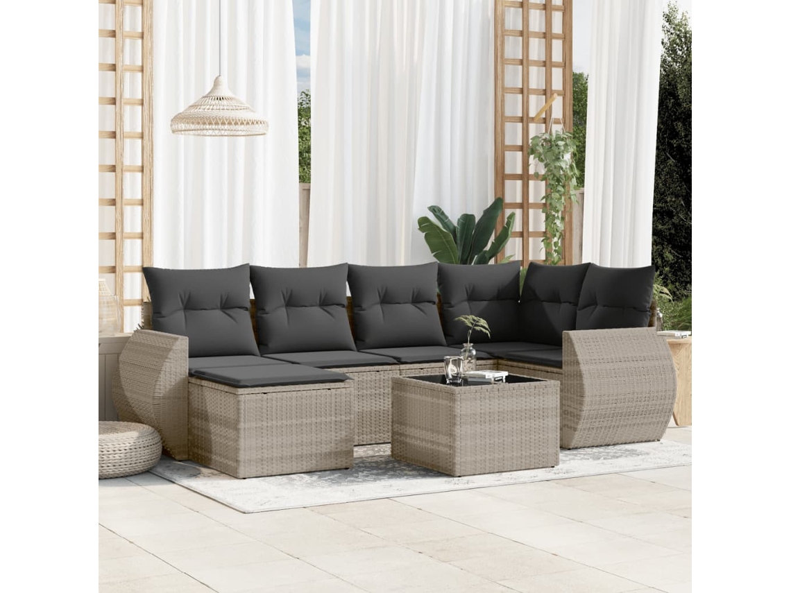 Vidaxl 7 Pcs Conj. Sofás Jardim com Almofadões Vime Pe Cinzento claro