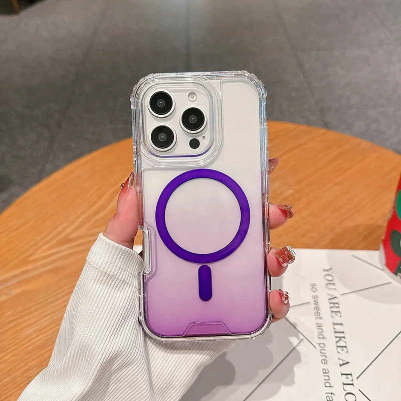 (roxo, Iphone 15 Plus) Capa Protetora 3 Em 1 Com Efeito Degradê, Compatível Com Carregamento Sem Fio Magsafe E À Prova De Choque.