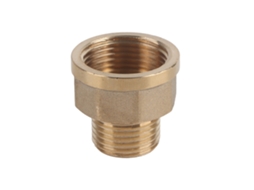 Adaptador redutor hexagonal de latão para tubos, rosca macho de 1/2" BSPT e rosca fêmea de 3/4" BSPT.
