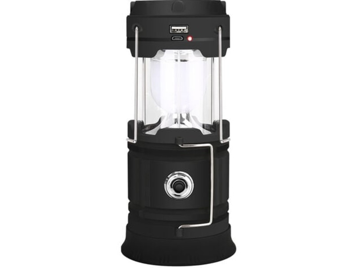 Lanterna Led Solar Usb Preta Para Camping, 2 Modos, 360°