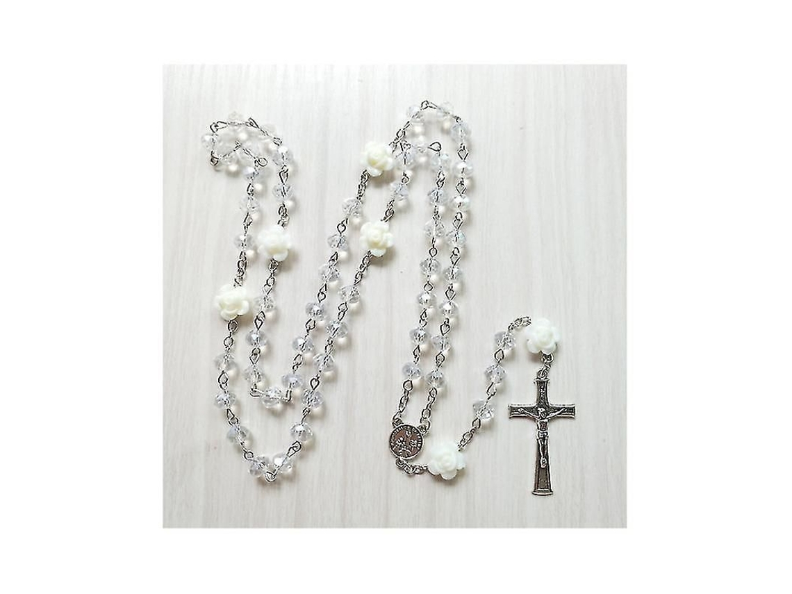 Collar Rosario De Cristal Rosa Católico Com Cruz Antiga Medalha Cadeia Longa Para Mulher Blanco