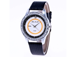 Relógio de quartzo unissex com pulseira de couro sintético e strass, mostrador redondo preto.