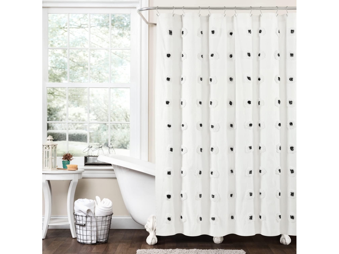 Cortina De Chuveiro Boho Circle Tufted Em Algodão Reciclado Tingido Com Fios Ecológicos, Preta, 183 Cm X 183 Cm