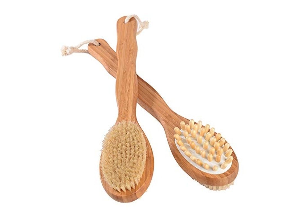 Pincel De Baño Con Mango Ergonómico Largo Y Nodos De Masaje Para Piel Seca, Cerdas Naturales Y Limpieza Profunda