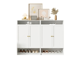Aparador Preto E Dourado 150x40x80cm Com 4 Portas, Pés Metálicos E Decoração Linear, Serve Como Móvel Tv E Arrumação