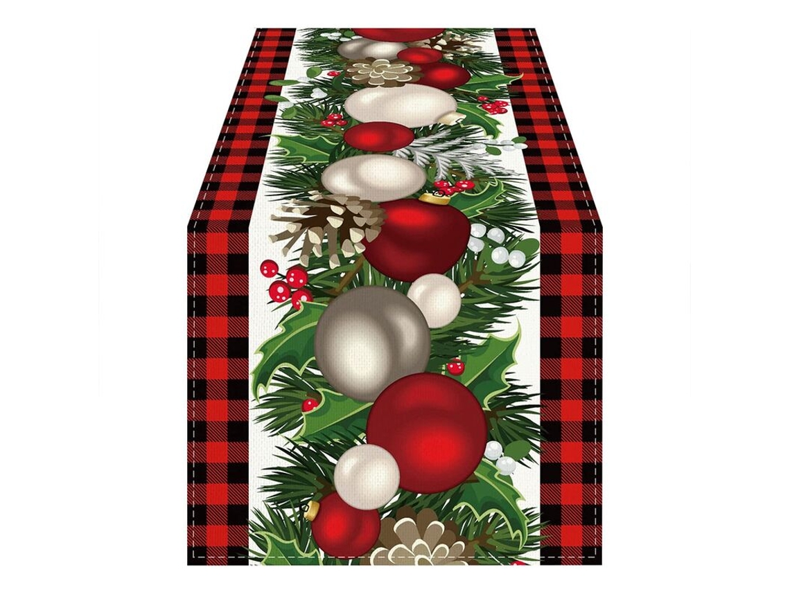 Mesa De Natal Xadrez Vermelha E Preta Com 72 Polegadas De Comprimento, Decoração Natalina Sazonal De Inverno.