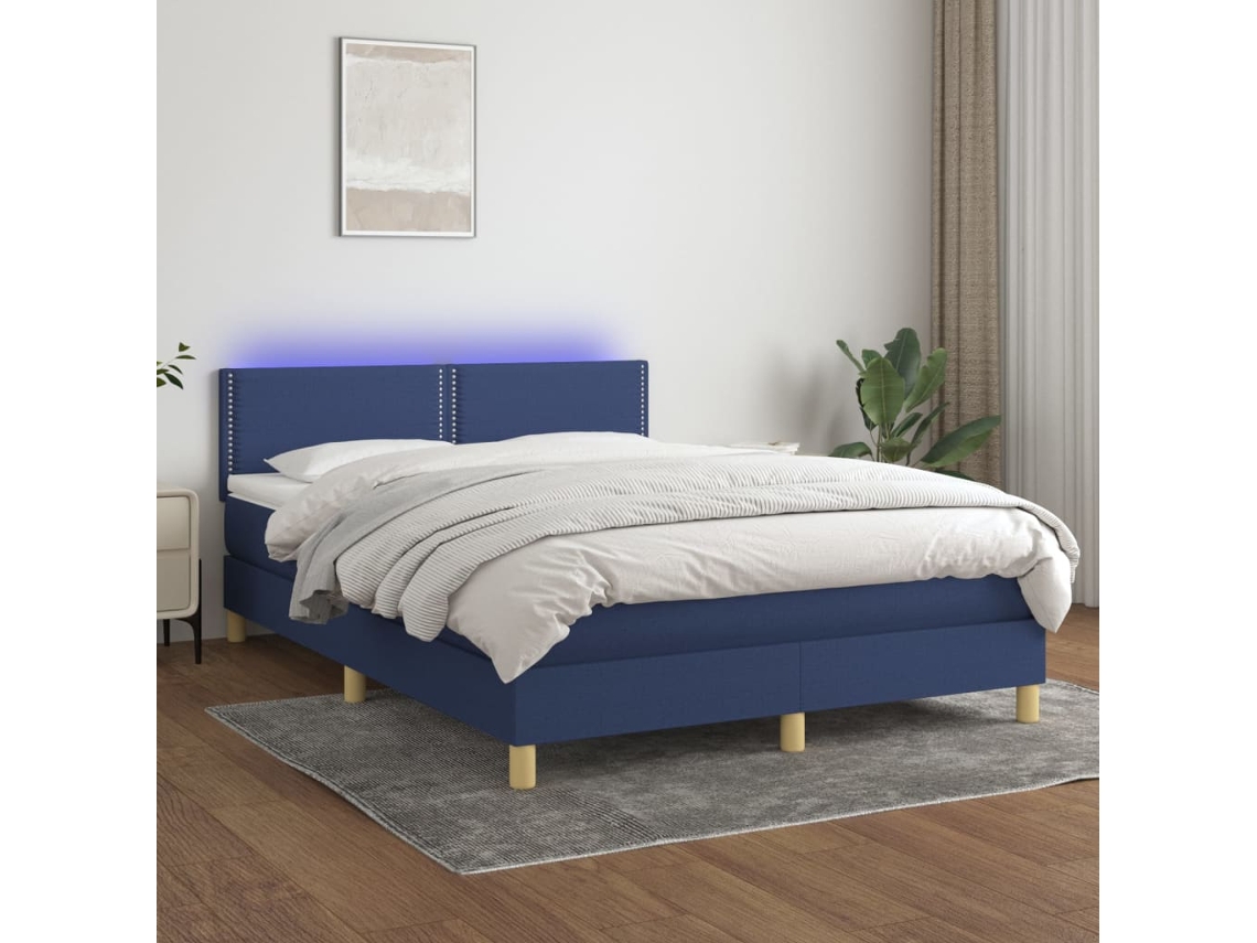 Vidaxl Cama Box Spring C/ Colchão E Led 140x190 Cm Tecido Azul