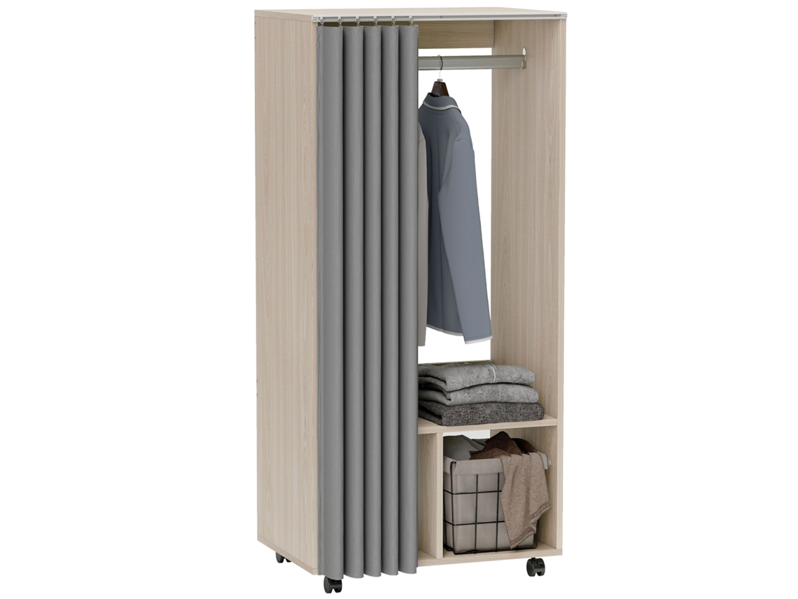 Guarda-roupa Móvel Com Cortina E Varão Para Pendurar Roupas, 60 X 40 X 128 Cm, Efeito Madeira Natural.