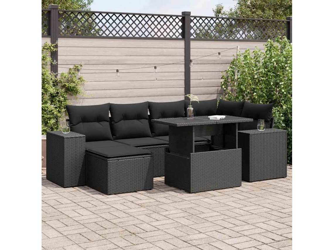 Vidaxl 7 Pcs Conjunto De Sofás P/ Jardim C/ Almofadões Vime Pe Preto