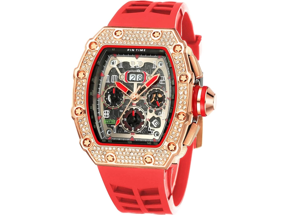 Relógios De Diamante Ushion Relógio De Pulso Grande Retangular Vermelho Prata