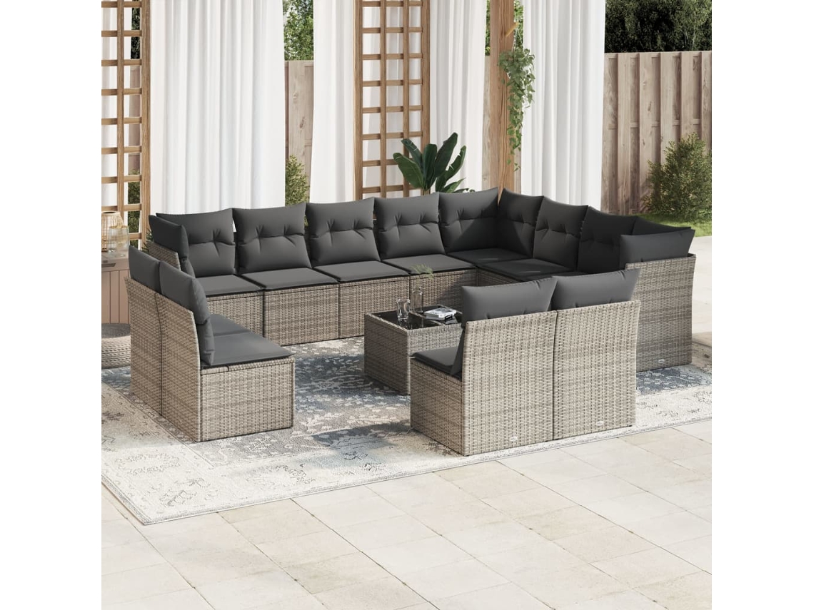Vidaxl 13 Pcs Conjunto Sofás P/ Jardim C/ Almofadões Vime Pe Cinzento
