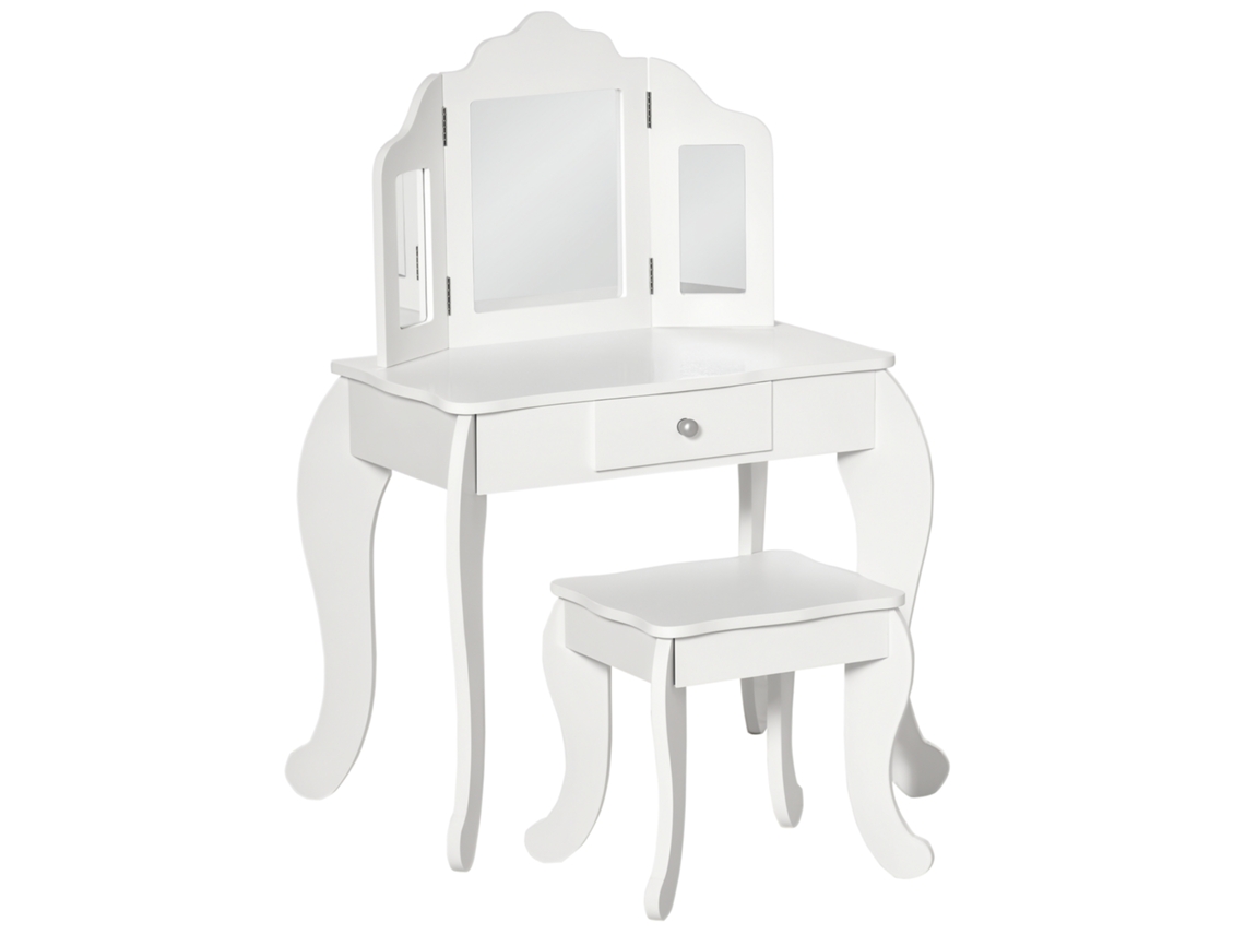 Coiffeuse Infantil com Banquinho, Espelho Triplo, Gaveta, 63x40x85.5cm, Branco BTFORUS