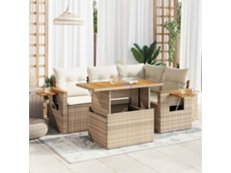 5 Pcs Conj. Sofás P/ Jardim C/ Almofadões Vime Pe/acã¡cia Bege Dkd Home Decor