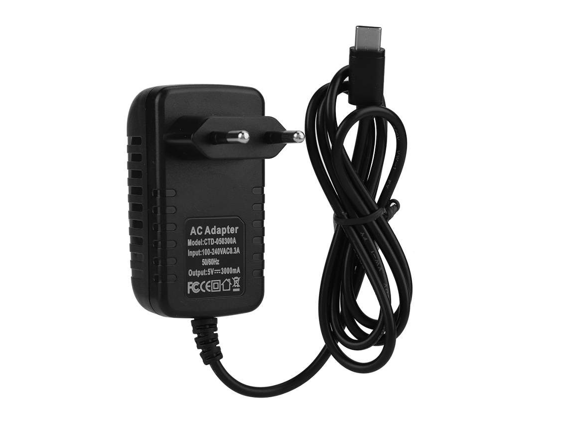 Adaptador de energia integrado (carregamento DC 5 V/3 A, porta Tipo C)