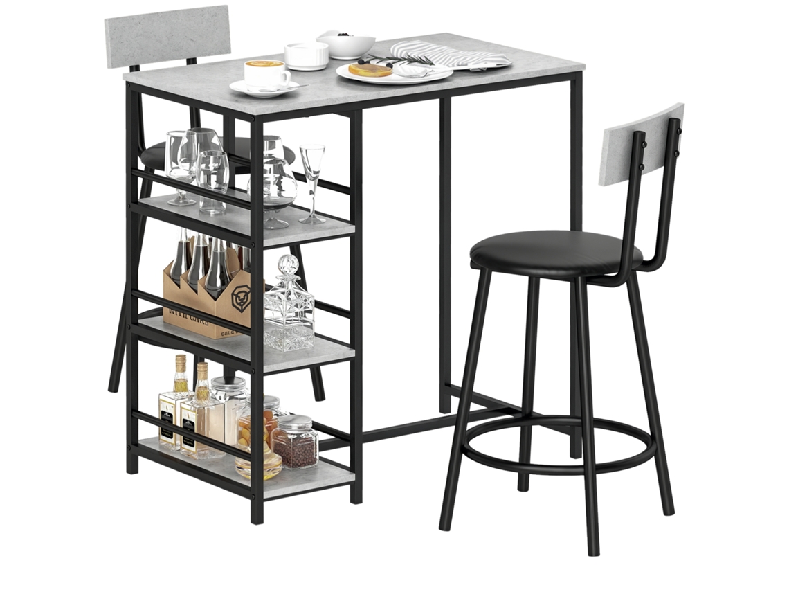 Conjunto de Mesa de Bar com 2 Banquetas, 3 Prateleiras, Cinza