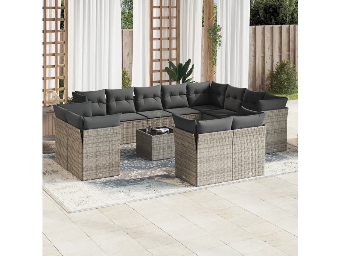 13 Pcs Conjunto Sofás P/ Jardim C/ Almofadões Vime Pe Cinzento Dkd Home Decor