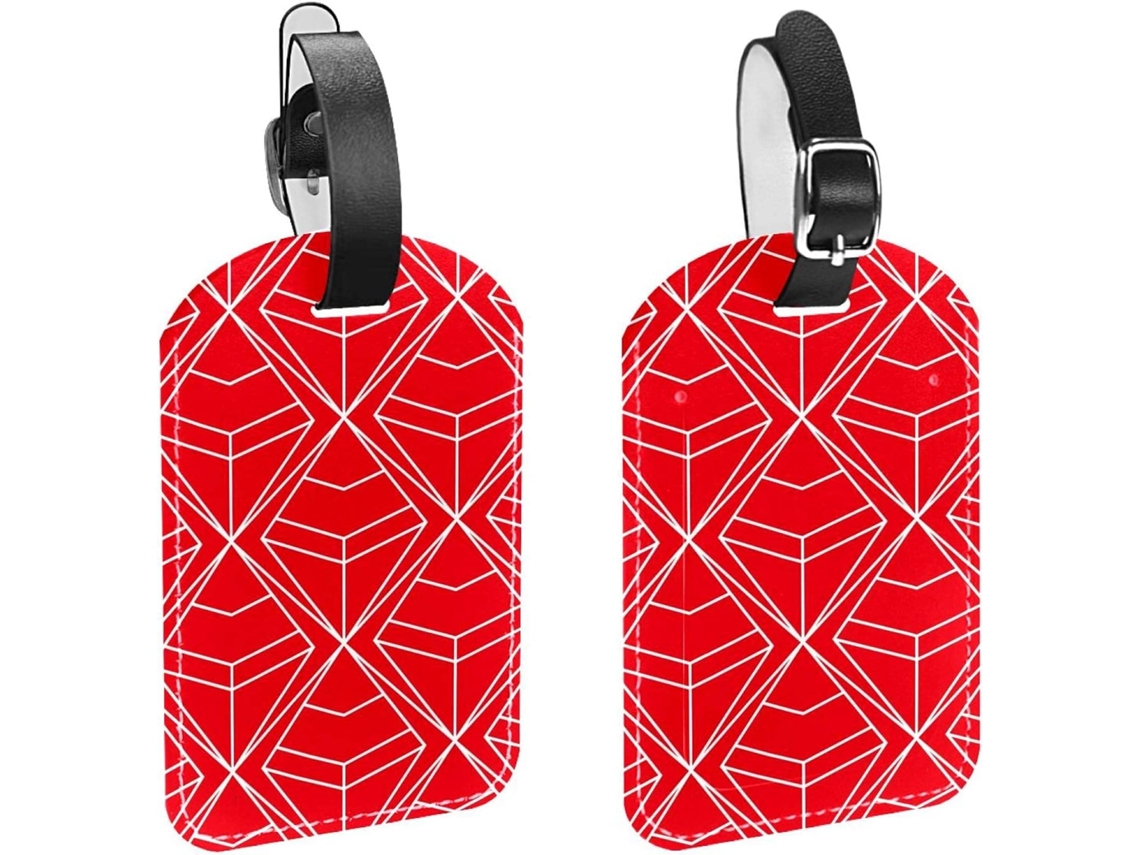 Conjunto De 2 Etiquetas Bagagem Viagem Com Estampa Geométrica Diamantes Em Vermelho E Branco Alça Segurança
