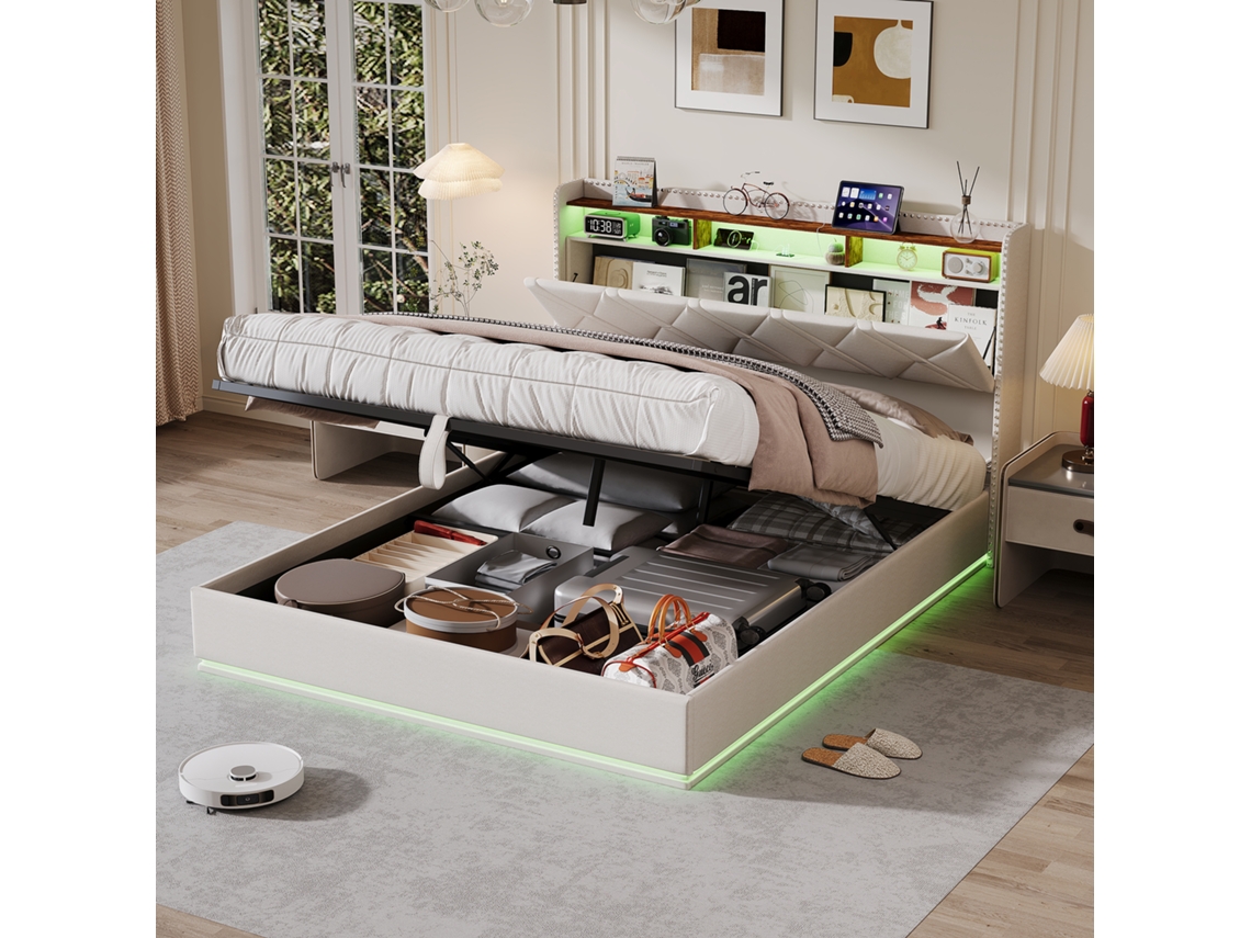 Cama De Casal De 160x200 Cm Com Iluminação Led E Estação De Carregamento, Cama com Armazenamento, Na Cor Bege
