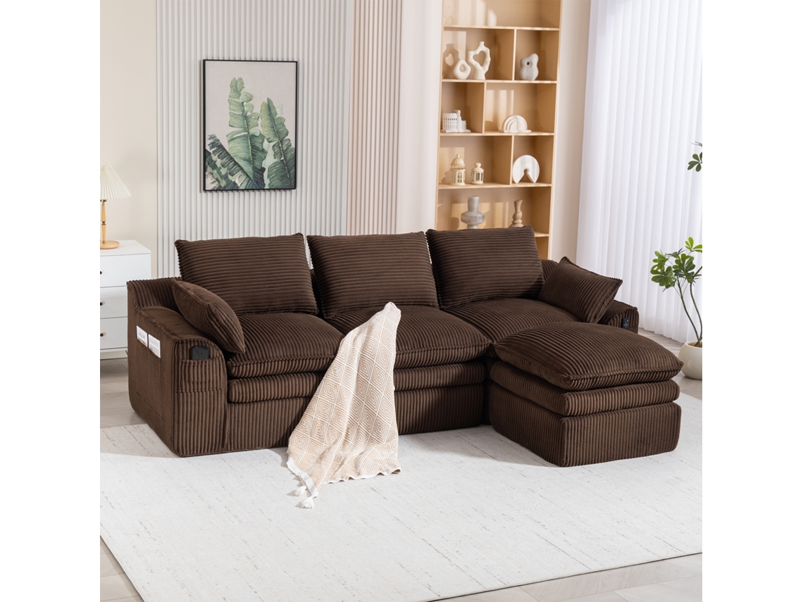 Sofá De 3 Lugares Modular Em Veludo (com Pufe) – Almofadas, 2 Bolsos Laterais, Espuma 3 Camadas + Molas Para Retorno Rápido.