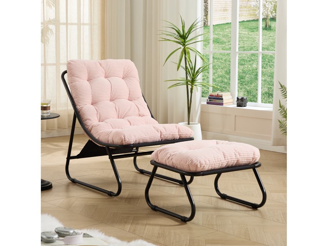 Poltrona Jardim Apoio Pés Reclinável Almofada Preta Banqueta Rosa