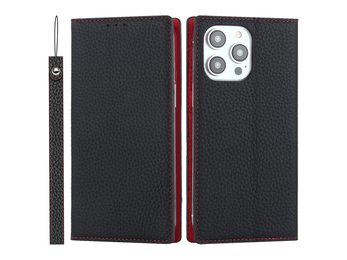 Capa Genuíno Textura Lichia Para Iphone 15 Pro Max Pele Preto