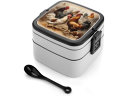 Lancheira Bento Para Adultos Com Estampa De Galinha E Galo, Inclui Colher, Fofa, Dupla Camada, Empilhável, À Prova De