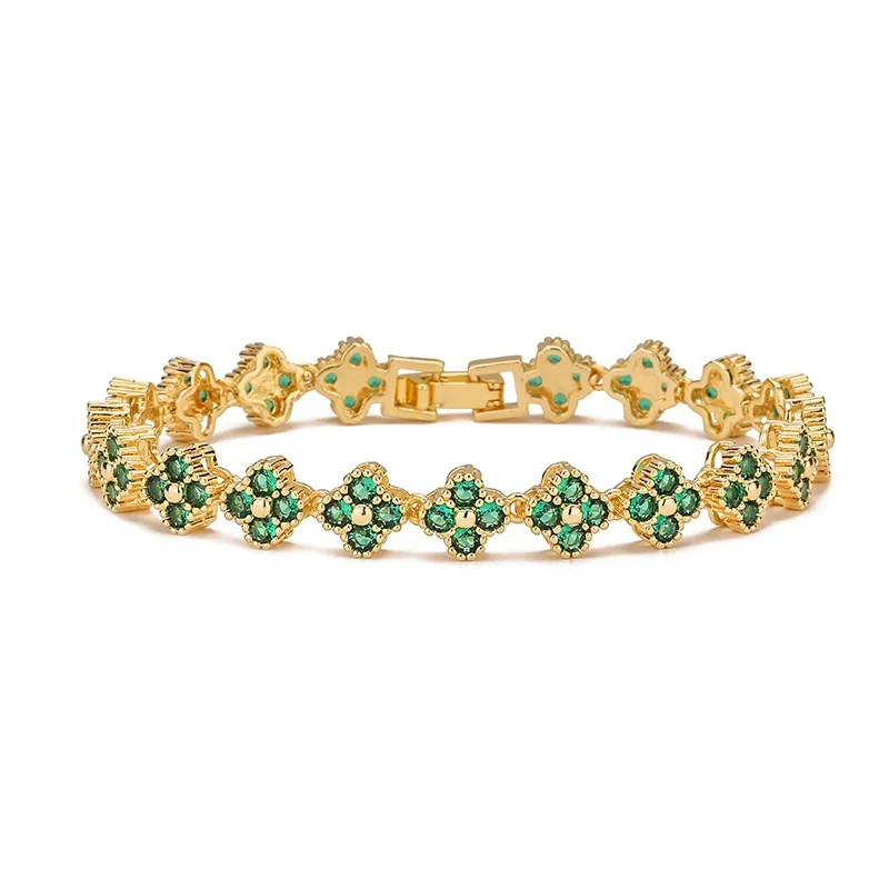 Pulseira De Zircônia Com Trevo De Quatro Folhas (dourada E Verde), Presente Auspicioso De Amizade Com Cristais Coloridos