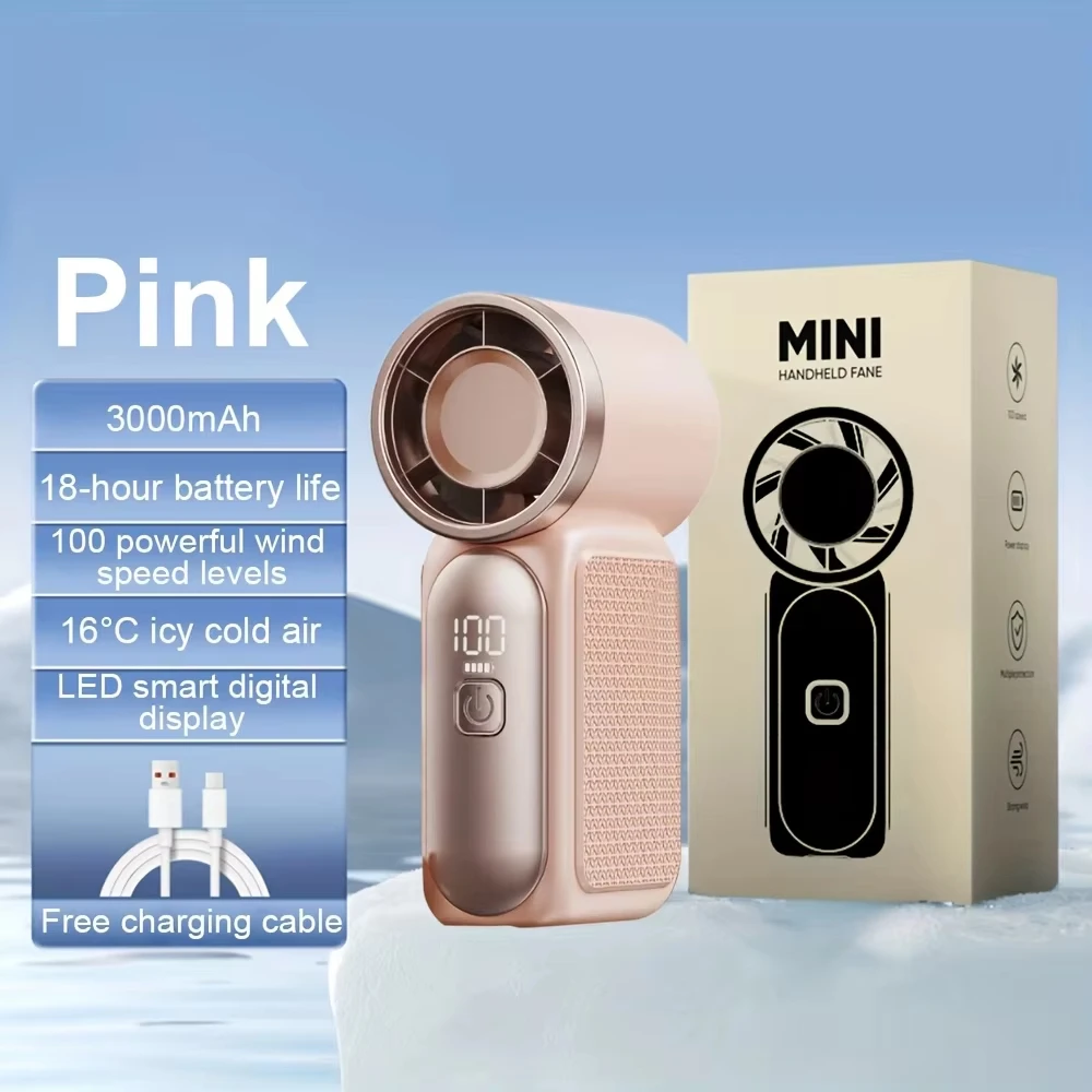 (Rosa) Mini ventilador portátil, recarregável via USB, ventilador pessoal para resfriamento, visor digital, fluxo de ar potente