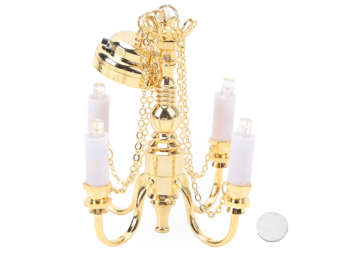 Candelabro Miniatura 1/12 Com Bateria Operado Candeeiro De Teto Dourado Para Casinha De Bonecas