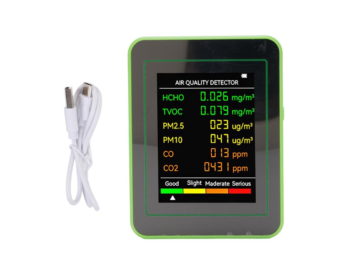 Detector de Qualidade do Ar Portátil Co2 Tvoc Hcho Pm2.5 Pm10 com Display Lcd Digital Colorido